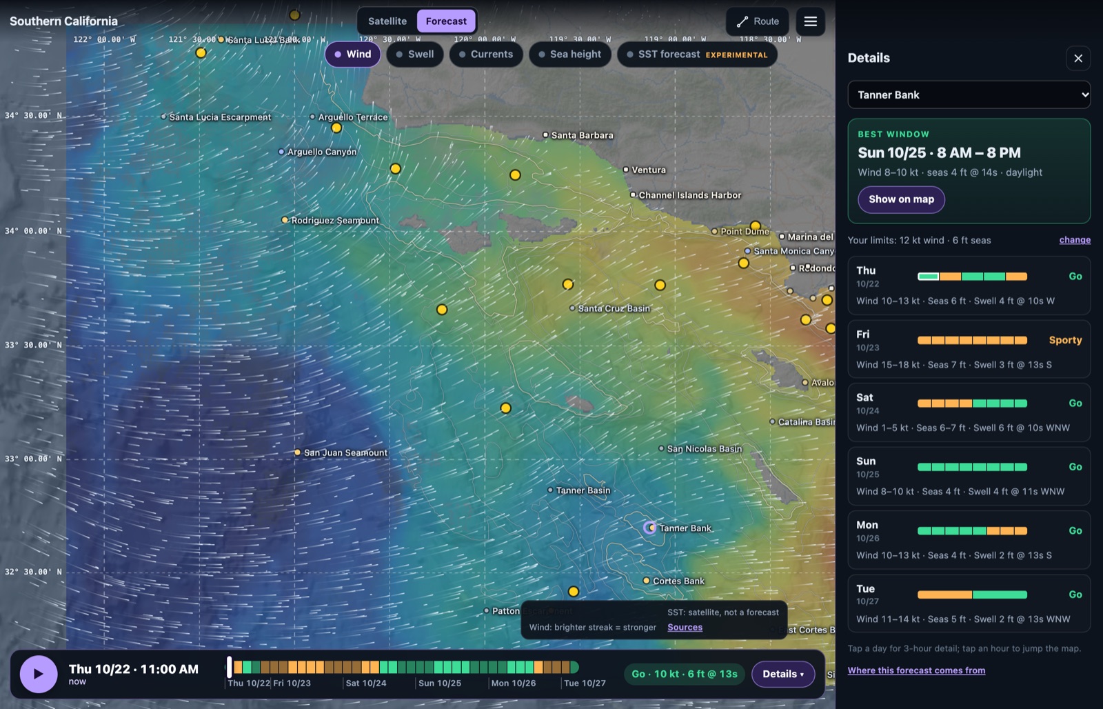 ReelTemps forecast mode: wind over the Southern California temperature chart, with a go/no-go rating for Tanner Bank and the best weather window