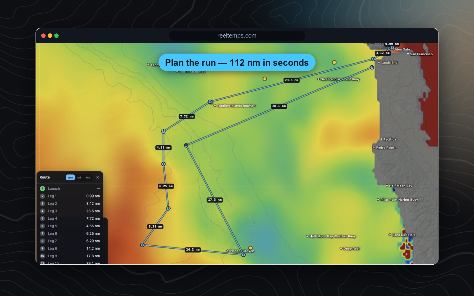 ReelTemps route tool: a multi-leg course with per-leg distances laid across the temperature field